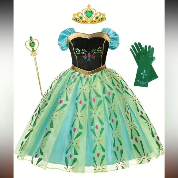 slim fit dress slacks Flower Girl Dress Children Color Contrast Green Floral Puff Sleeve Trailing Princess Communion Dress, Green / 9-10 Years (150cm) main image 1